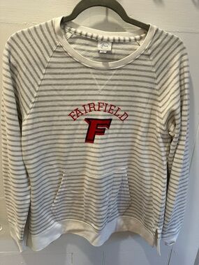 Fairfield Striped Crewneck Sweatshirt - White/Gray with Red Logo